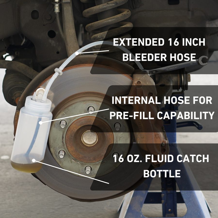 16 oz fluid catch bottle with extended 16 inch bleeder hose and internal pre-fill hose