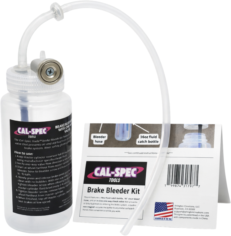 Cal-Spec Tools brake bleeder kit with 16 oz catch bottle, 16 inch hose and one-way valve